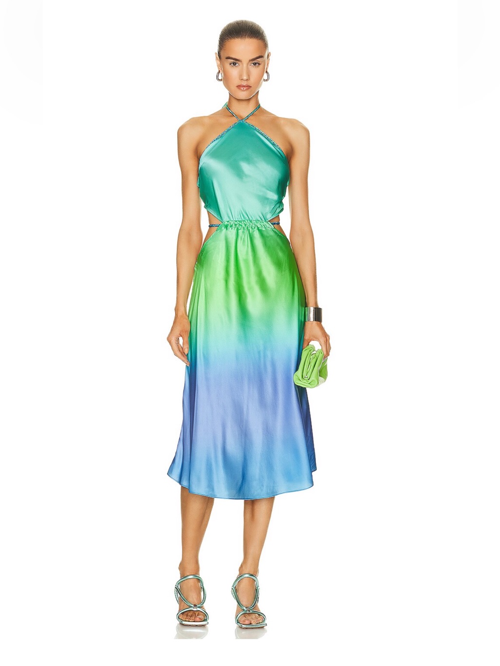 Rococo Sand Blue & Green Ombre Kiki Silk Midi Dress, Size Xs